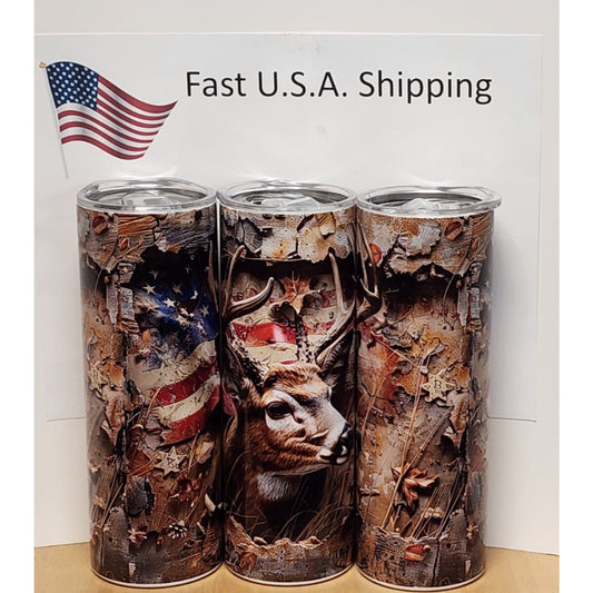 1 Skinny 20oz Tumbler , Deer Hunting ,Flag , Camo , Hunter , Straight Tumbler