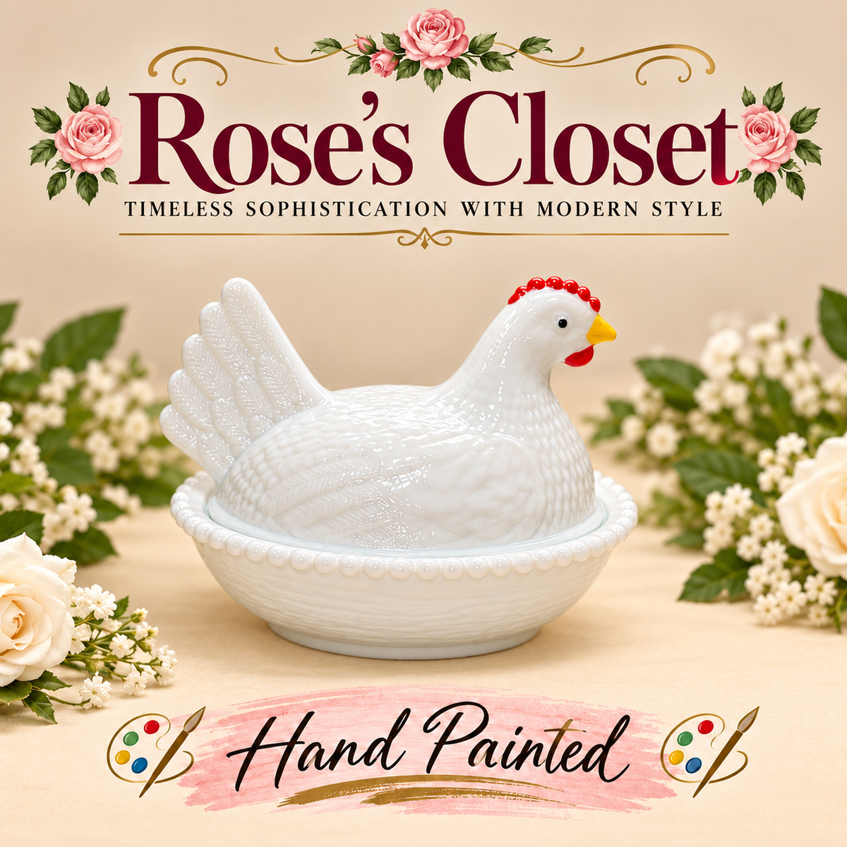 Rose’s Closet Exclusive Collection – Hand-Painted & Individually Numbered Hen on Nest with Certificate of Authenticity