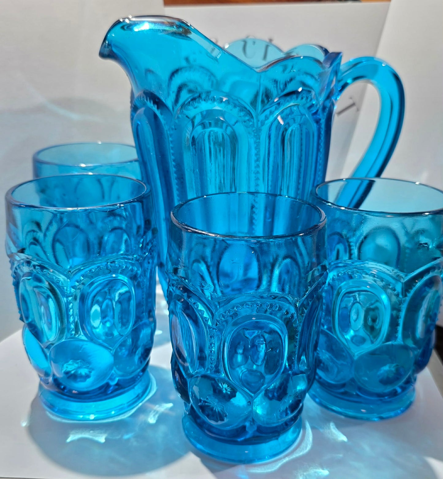 Pitcher and 4 Glasses L.E Smith Moon and Stars Blue