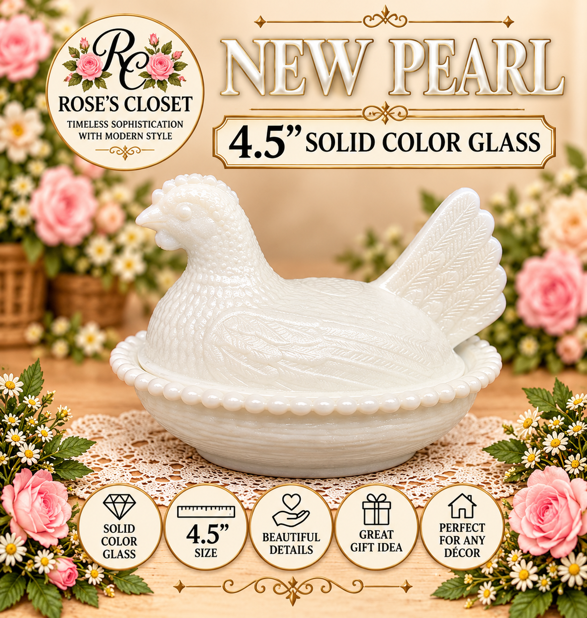 NEW PEARL 4.5" Hen on Nest – Solid Color Glass | Rose’s Closet