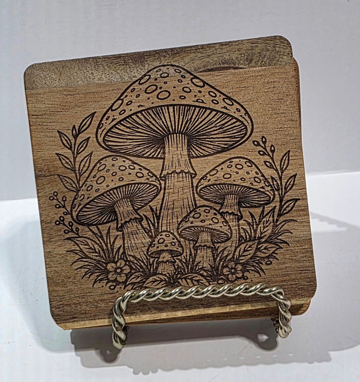Wooden Coaster Set of 4 – 4x4 Laser Engraved Farmhouse Coasters – Duck, Rooster &amp; Mushroom Designs – Rustic Wood Drink Coasters