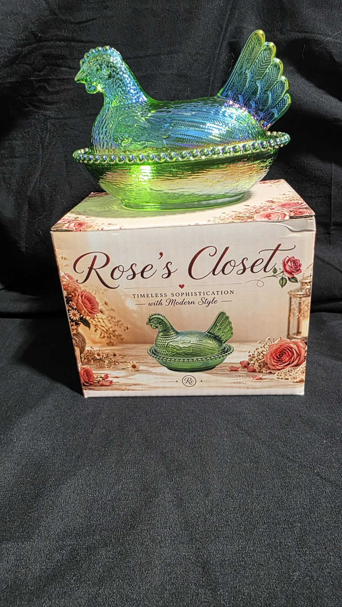 Rose’s Closet Glass 4.5" Carnival Hen on Nest – Choice of 6 Carnival Colors – Custom Gift Box – Exclusive Collection