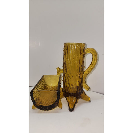 AMBER PUMP AND TROUGH CREAMER & SUGAR SET L.G WRIGHT