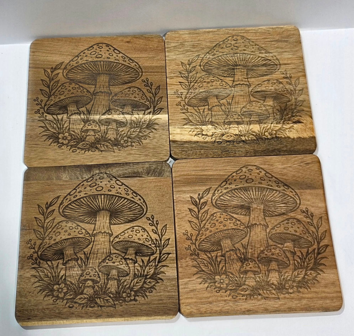 Wooden Coaster Set of 4 – 4x4 Laser Engraved Farmhouse Coasters – Duck, Rooster &amp; Mushroom Designs – Rustic Wood Drink Coasters