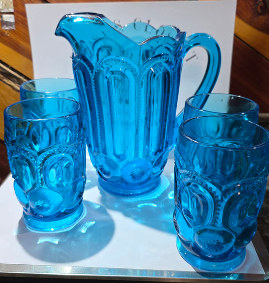Pitcher and 4 Glasses L.E Smith Moon and Stars Blue