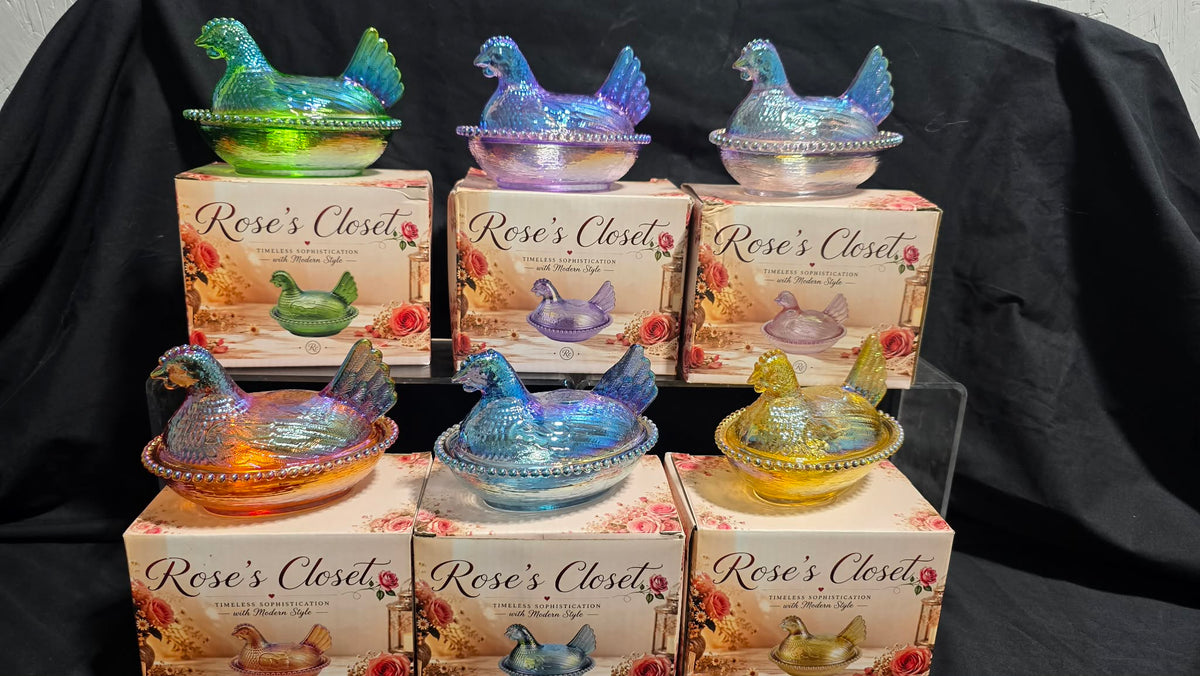 Rose’s Closet Glass 4.5" Carnival Hen on Nest – Choice of 6 Carnival Colors – Custom Gift Box – Exclusive Collection