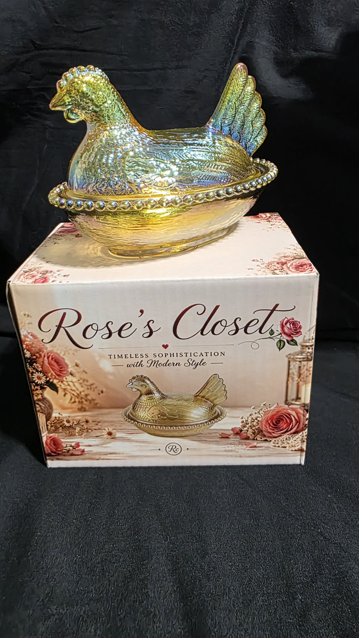 6 pack Rose’s Closet Glass Hen on Nest –  6 Colors – Custom Gift Box – Exclusive Collection