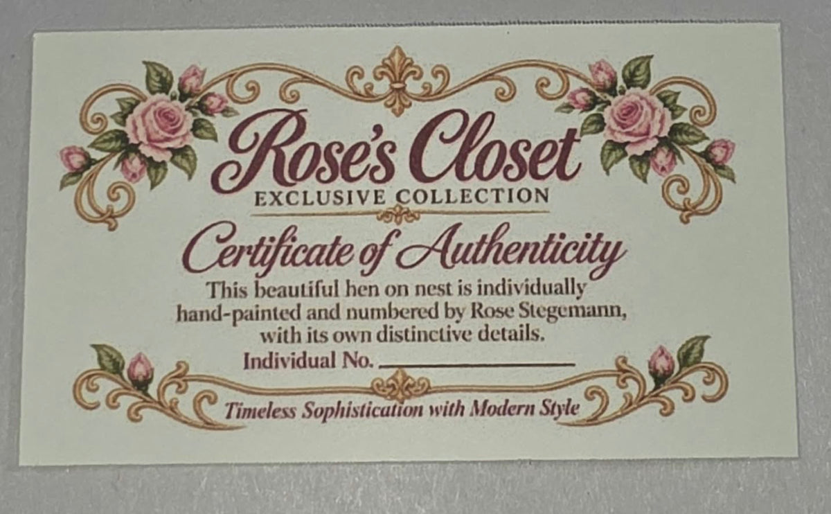 Rose’s Closet Exclusive Collection – Hand-Painted &amp; Individually Numbered Hen on Nest with Certificate of Authenticity