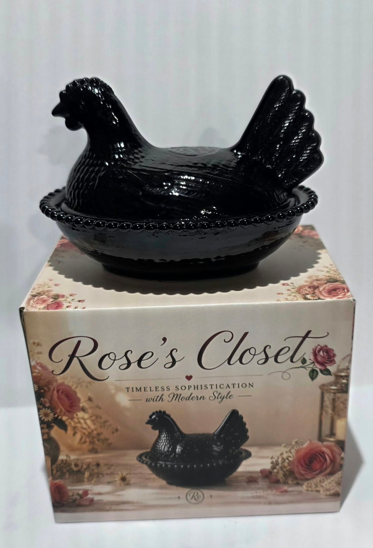 4.5" Glass Hen on Nest | Solid White or Black Hen Dish , Rose’s Closet New Release ,Chicken Decor ,Farmhouse Kitchen Decor