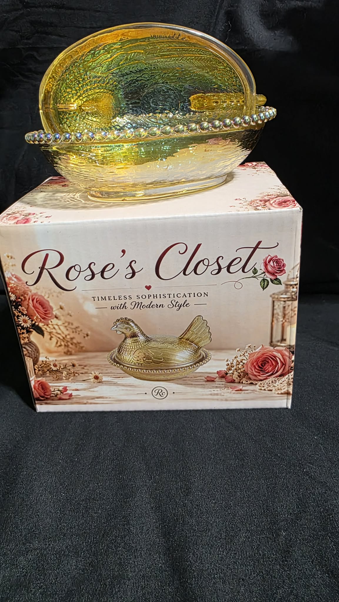 6 pack Rose’s Closet Glass Hen on Nest –  6 Colors – Custom Gift Box – Exclusive Collection