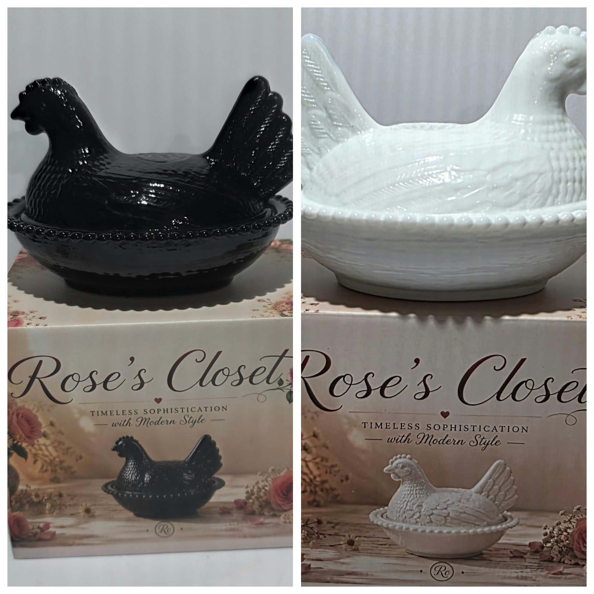 4.5" Glass Hen on Nest | Solid White or Black Hen Dish , Rose’s Closet New Release ,Chicken Decor ,Farmhouse Kitchen Decor