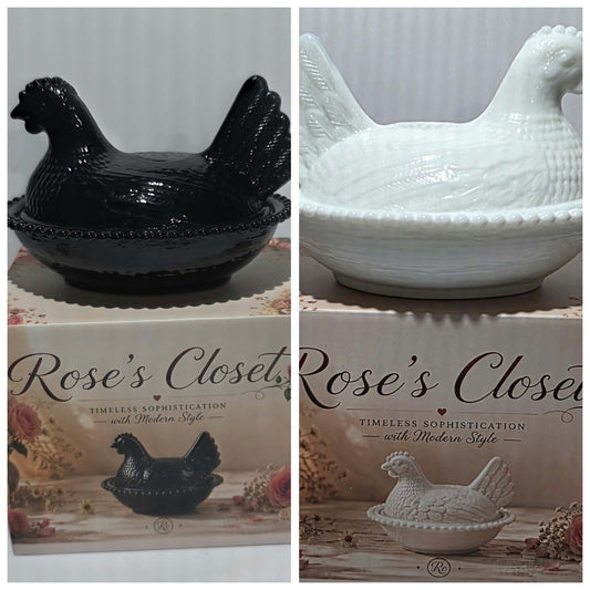 4.5" Glass Hen on Nest | Solid White or Black Hen Dish , Rose’s Closet New Release ,Chicken Decor ,Farmhouse Kitchen Decor