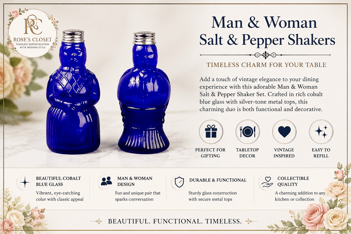 Man & Woman Cobalt Blue Glass Salt & Pepper Shakers