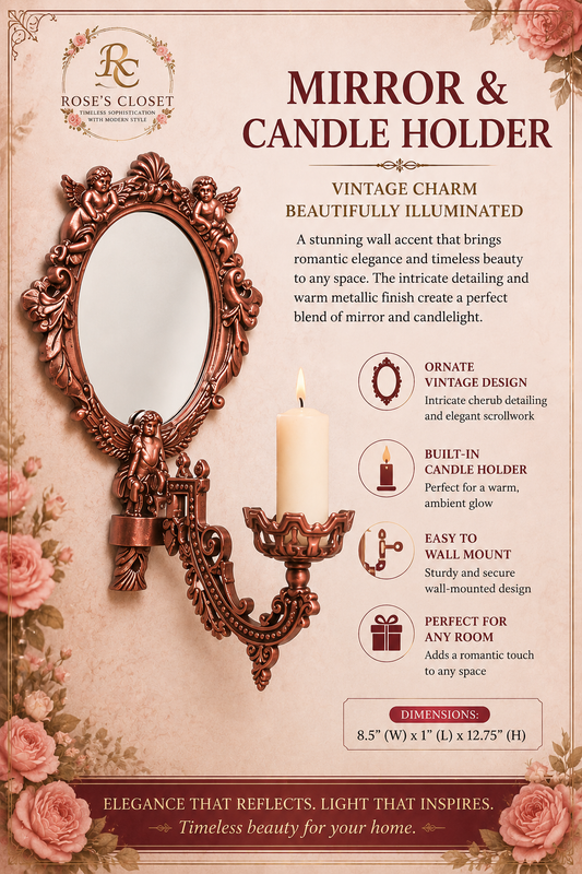 Vintage Wall Mirror & Candle Holder | Ornate Cherub Wall Décor | Rose's Closet