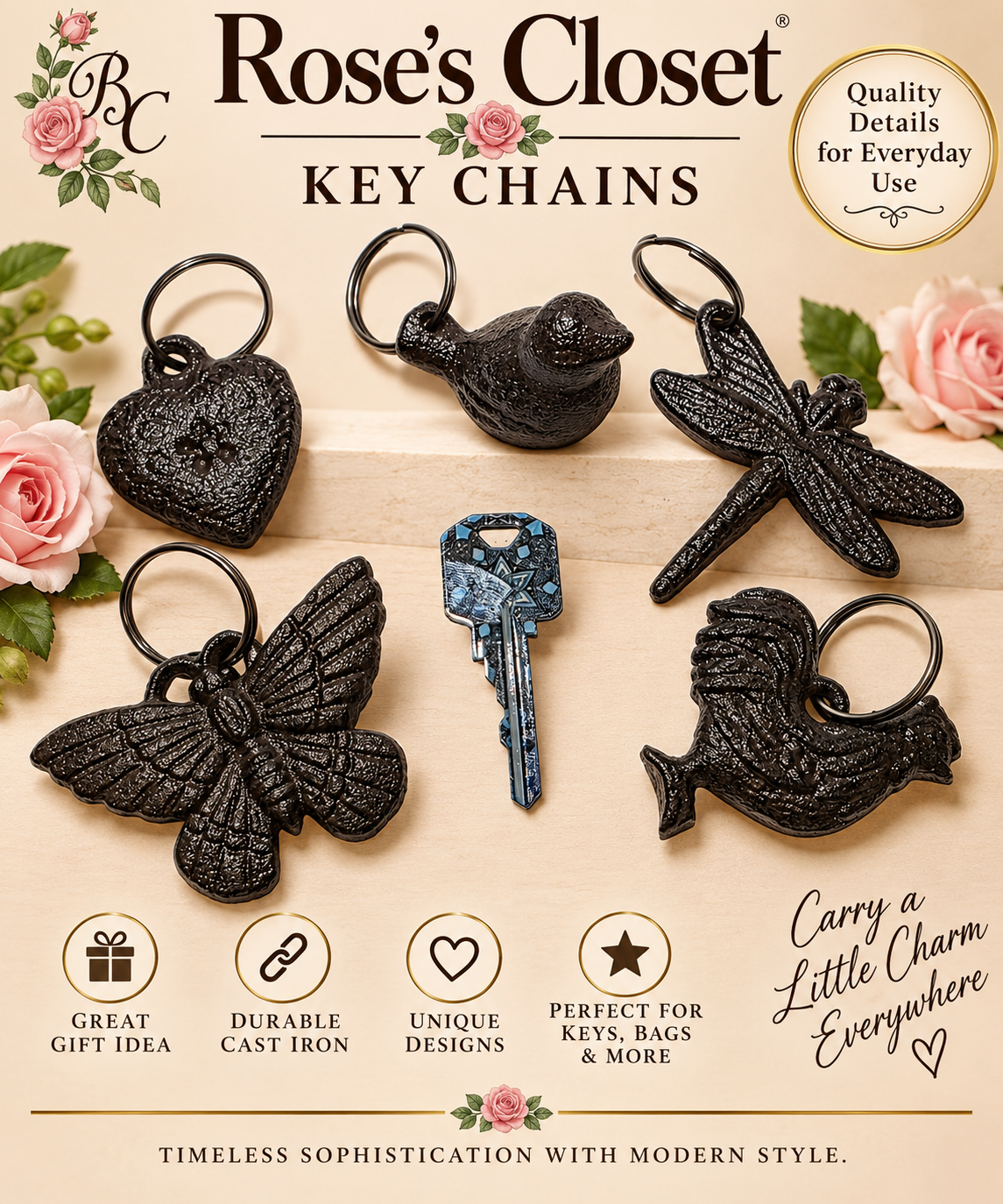 Cast Iron Key Chain | Choice of Butterfly, Bird, Rooster, Sea Horse, Dragonfly or Heart | Farmhouse Keychain