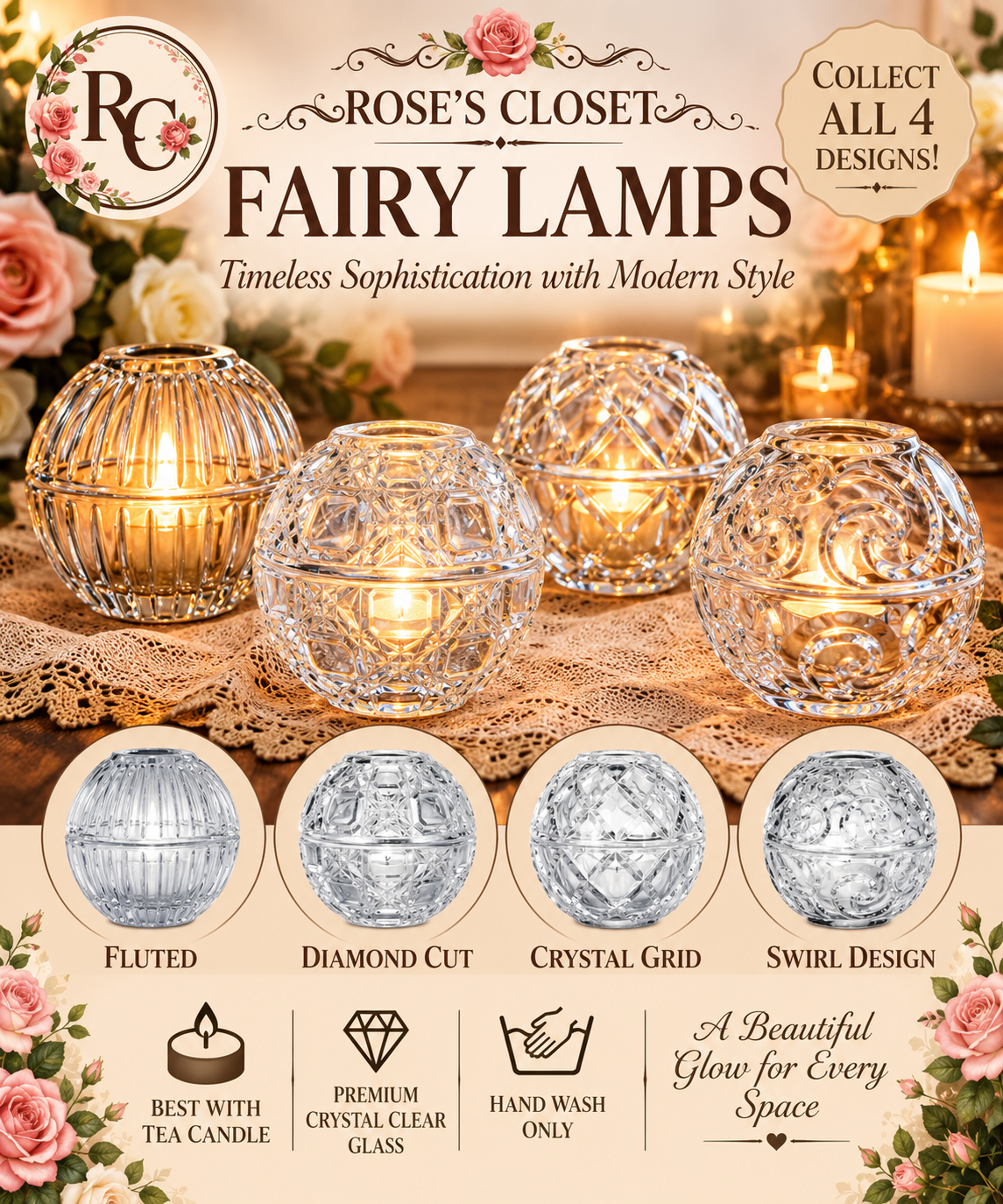 Rose’s Closet Crystal Fairy Lamp,  Clear Glass Tea Light Holder , 4 Designs to Choose From , Collect All 4 | Elegant Home Décor