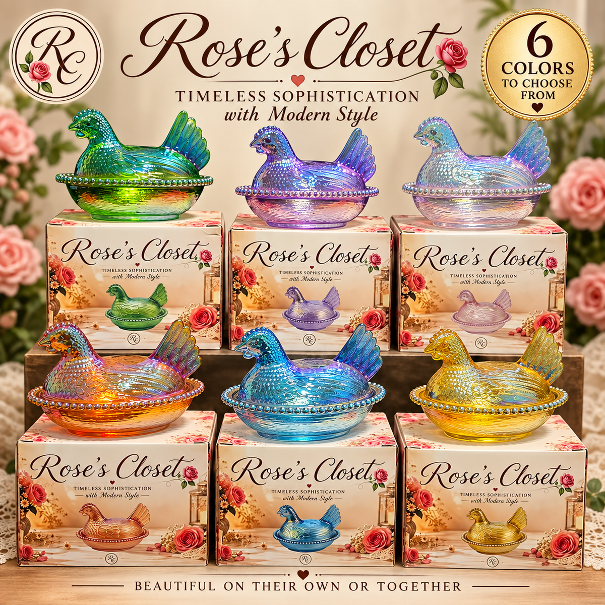 Rose’s Closet Glass 4.5" Carnival Hen on Nest – Choice of 6 Carnival Colors – Custom Gift Box – Exclusive Collection