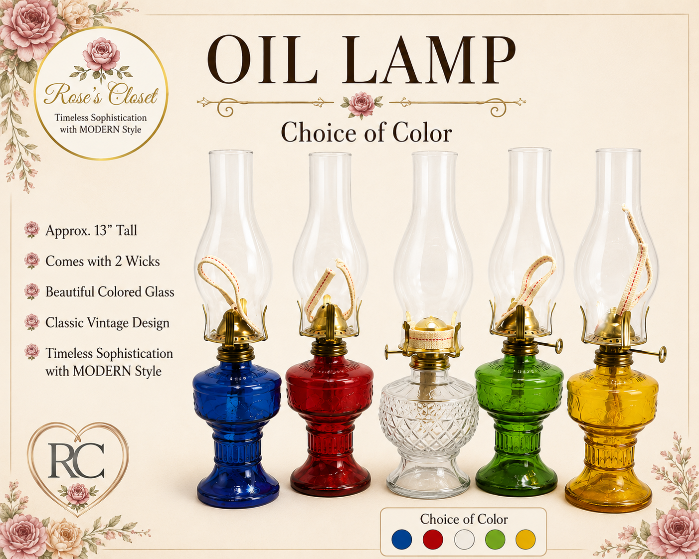 13" Glass Oil Lamp w/ 2 Wicks – Choice of Blue Red Clear Green or Amber