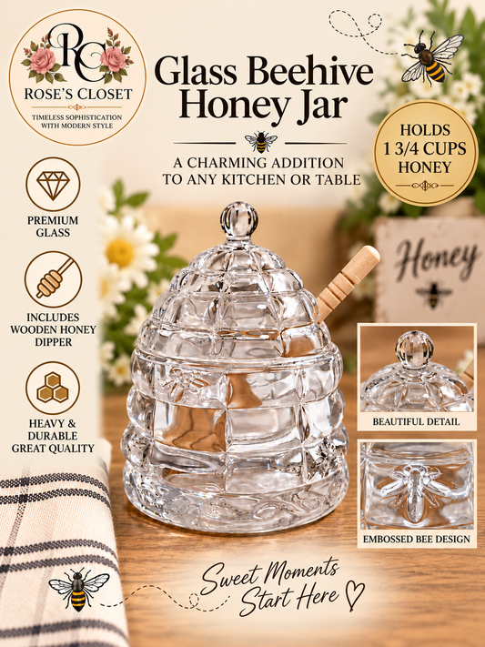 Glass Beehive Honey Jar with Wooden Honey Dipper – Heavy Quality Glass – Holds 1 3/4 Cups