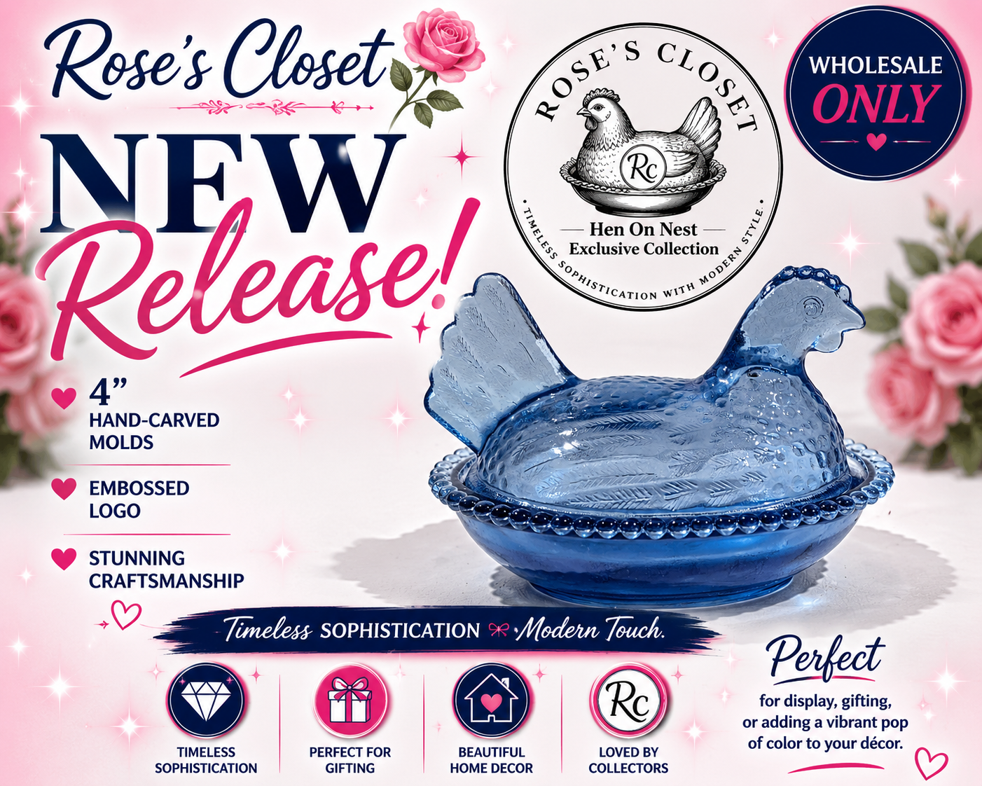 BLUE 4-Inch Hand-Sculpted Mold Hen on Nest Covered Dish WHOLESALE / BULK