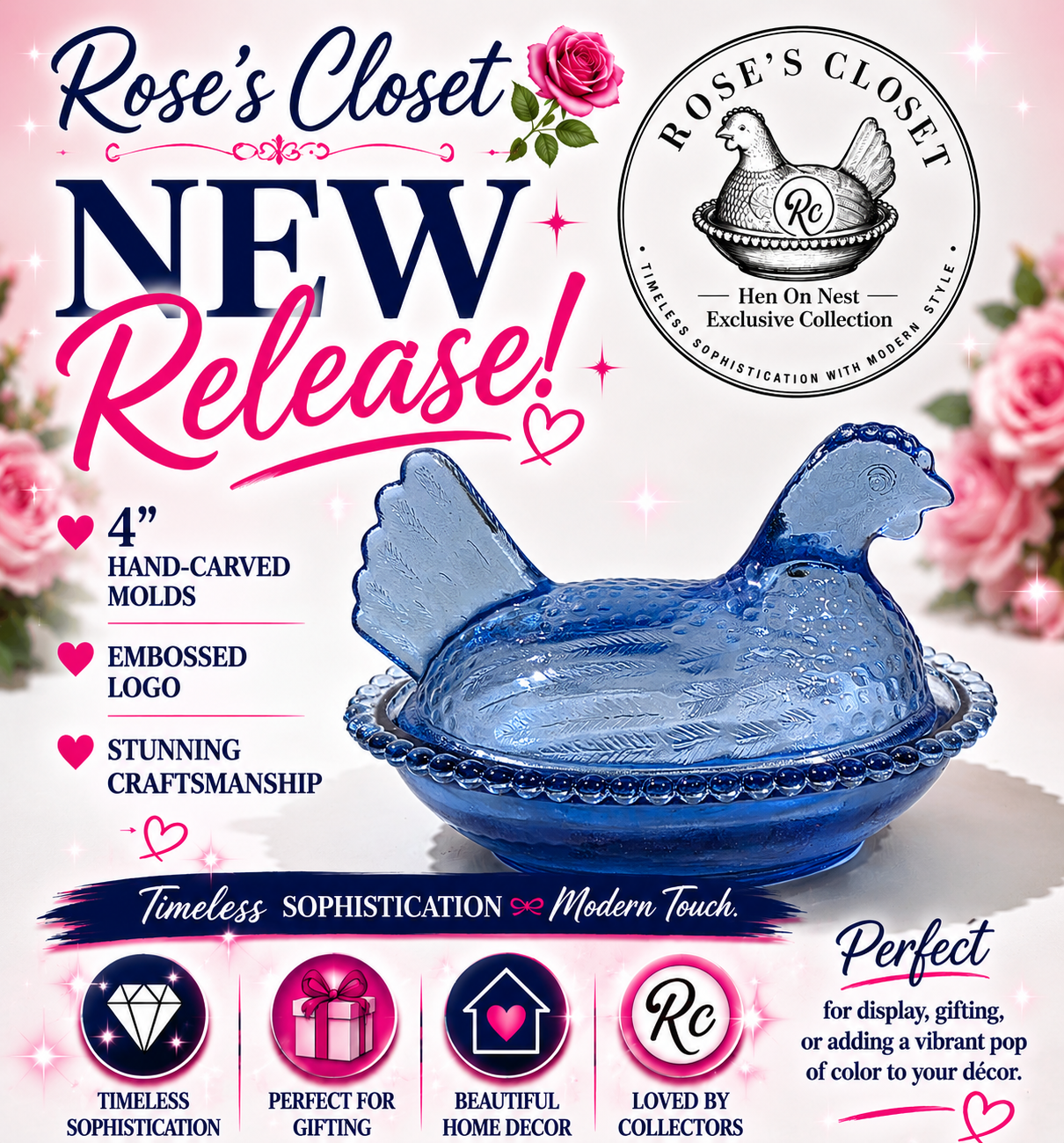 BLUE 4-Inch Hand-Sculpted Mold Hen on Nest Covered Dish ( Retail Only)
