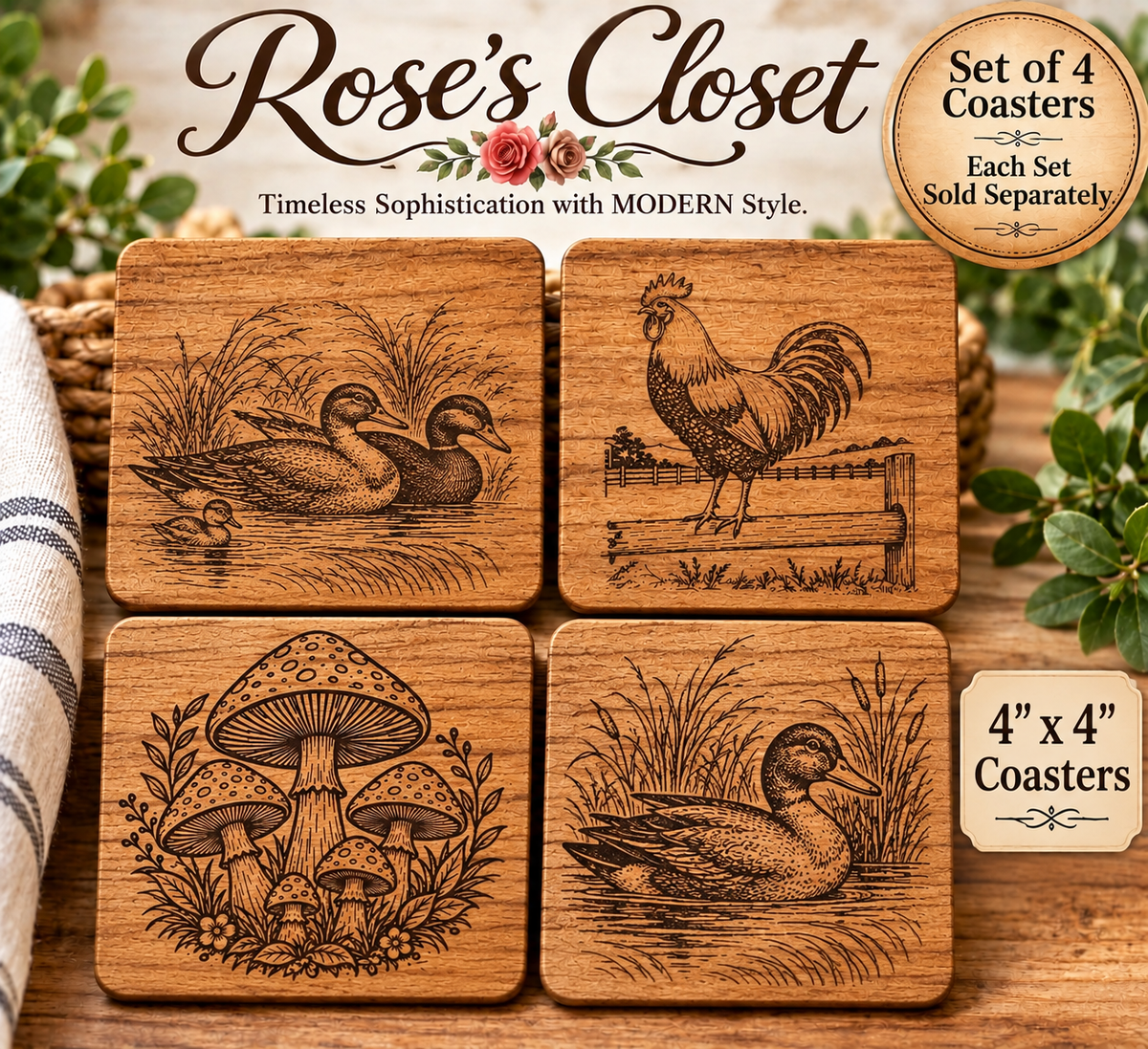 Wooden Coaster Set of 4 – 4x4 Laser Engraved Farmhouse Coasters – Duck, Rooster &amp; Mushroom Designs – Rustic Wood Drink Coasters