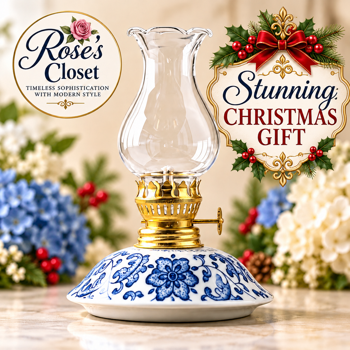 Beautiful Blue &amp; White Floral Oil Lamp