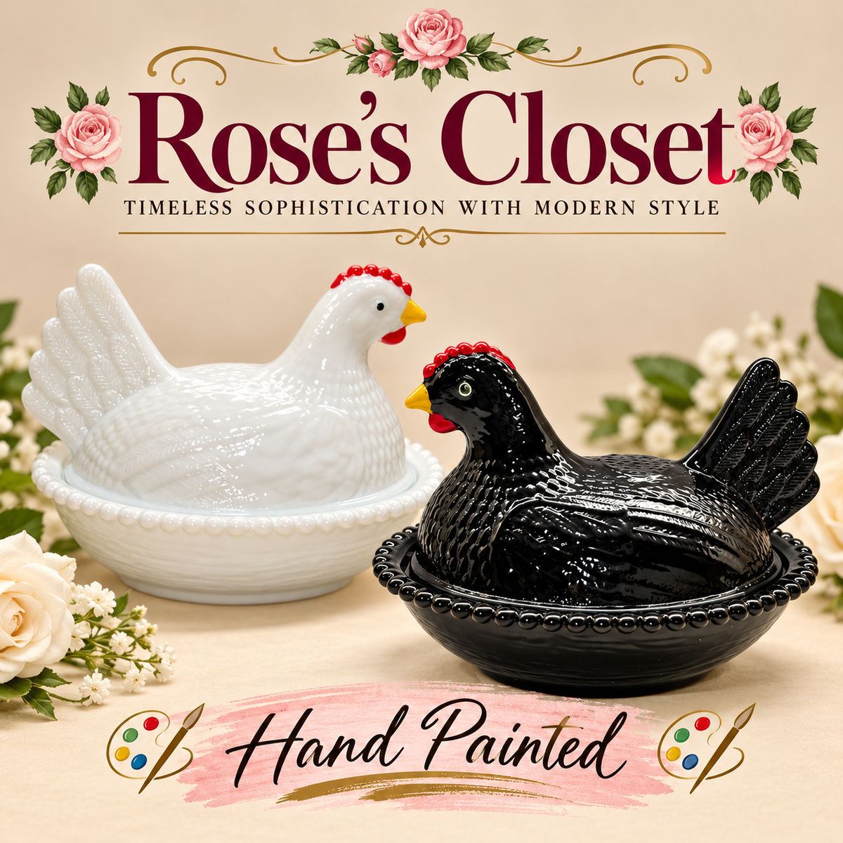 Rose’s Closet Exclusive Collection – Hand-Painted &amp; Individually Numbered Hen on Nest with Certificate of Authenticity
