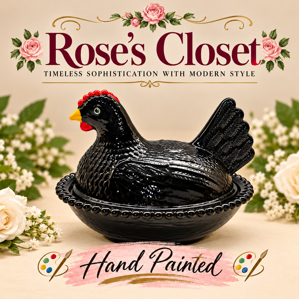 Rose’s Closet Exclusive Collection – Hand-Painted &amp; Individually Numbered Hen on Nest with Certificate of Authenticity