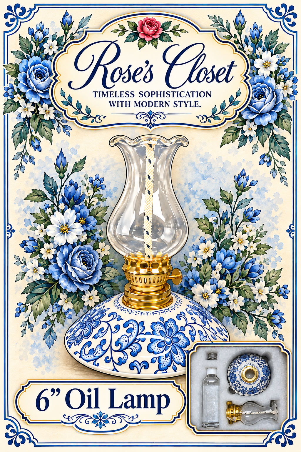 Beautiful Blue &amp; White Floral Oil Lamp