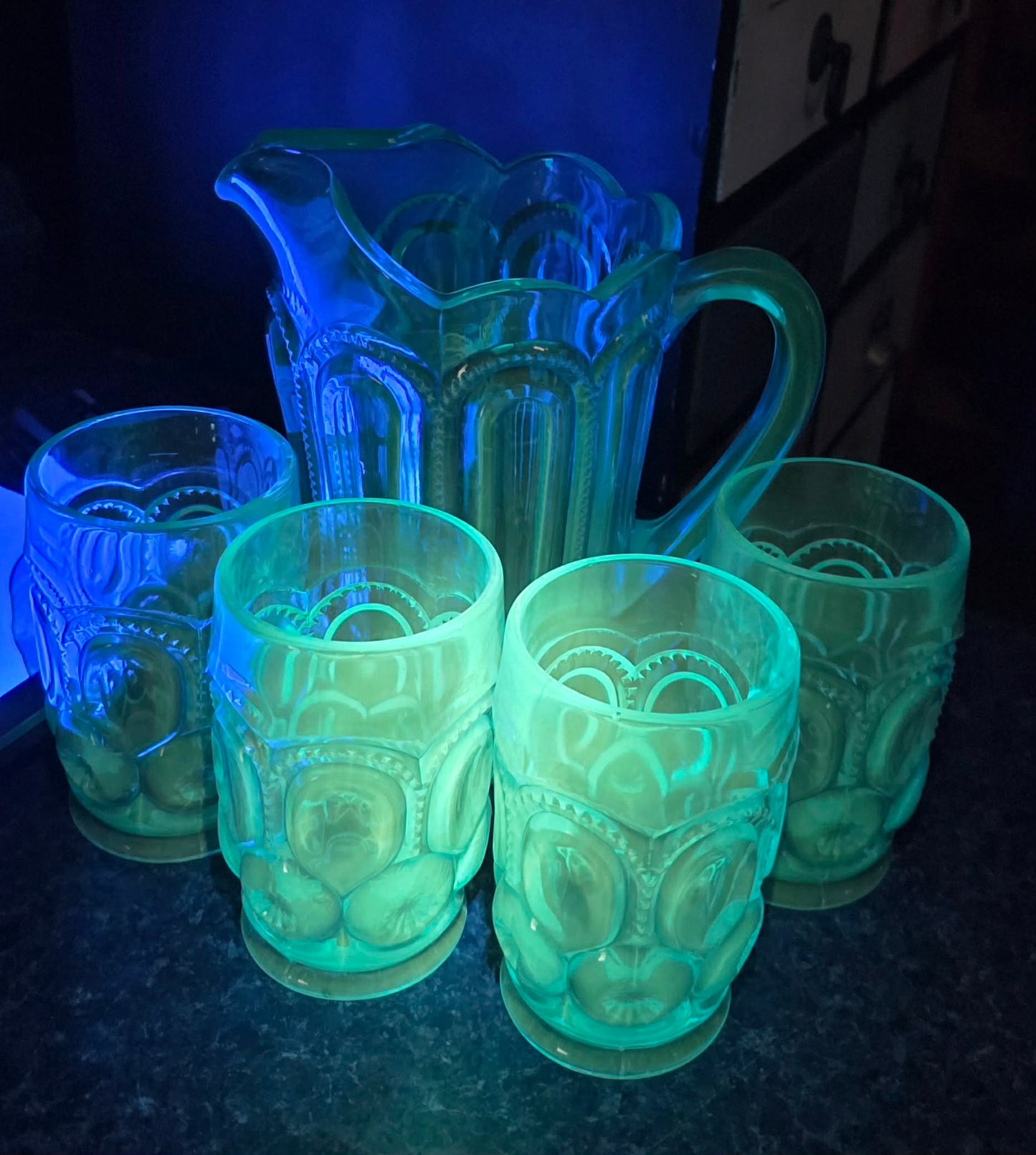 Pitcher and 4 Glasses L.E Smith Moon and Stars Blue