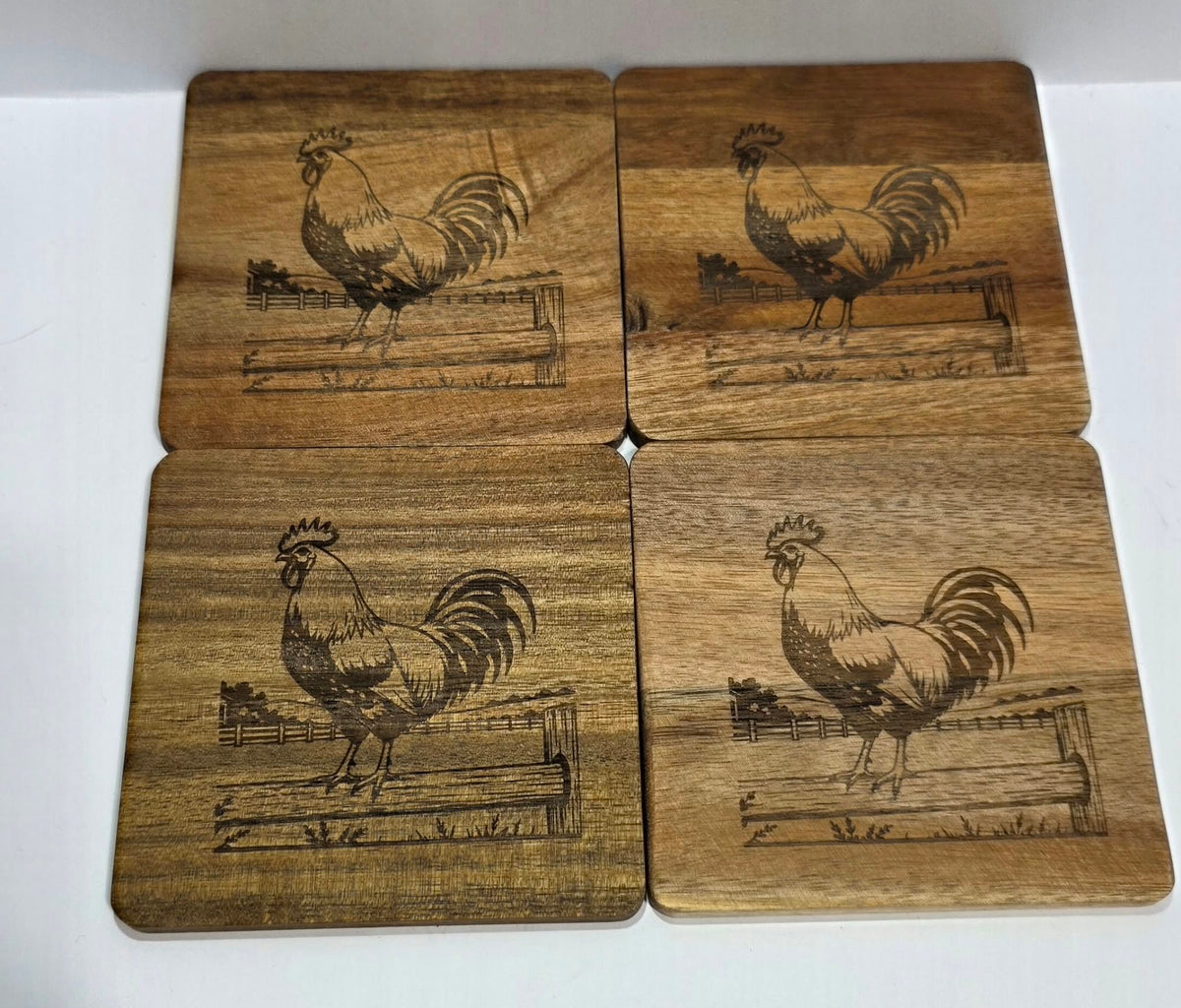 Wooden Coaster Set of 4 – 4x4 Laser Engraved Farmhouse Coasters – Duck, Rooster &amp; Mushroom Designs – Rustic Wood Drink Coasters