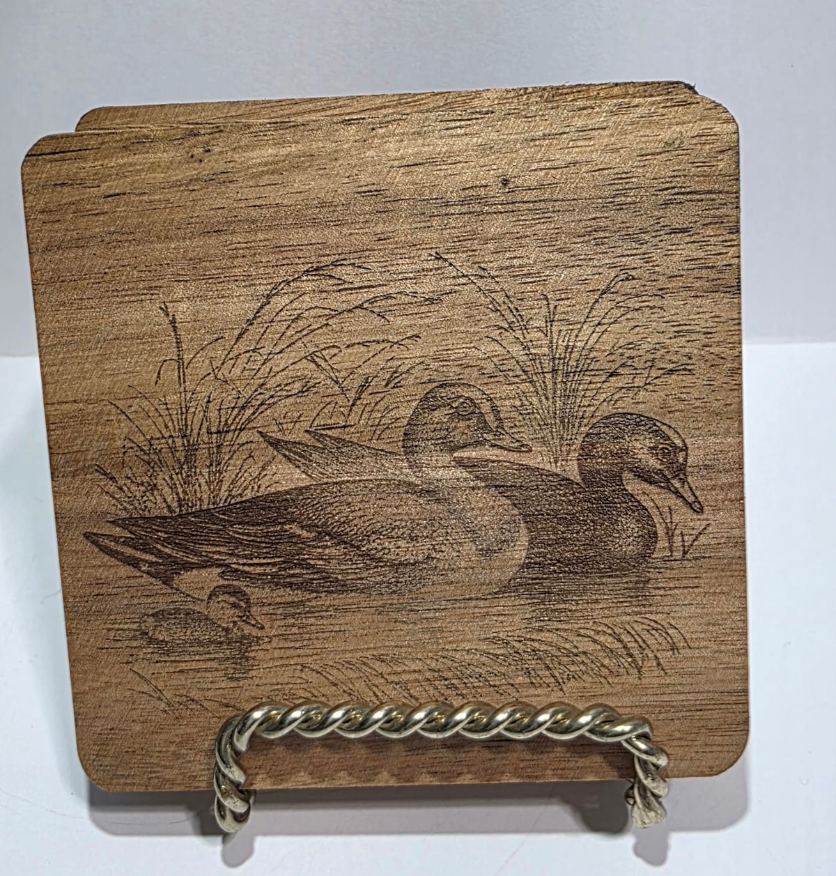Wooden Coaster Set of 4 – 4x4 Laser Engraved Farmhouse Coasters – Duck, Rooster &amp; Mushroom Designs – Rustic Wood Drink Coasters