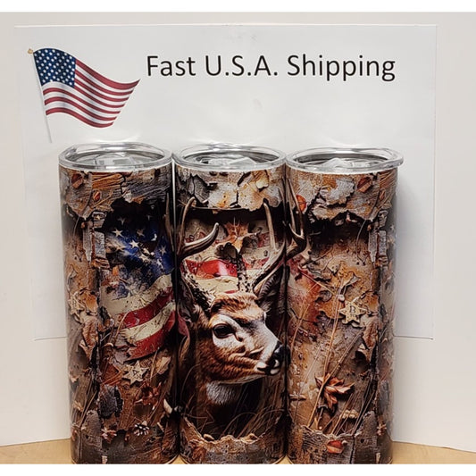 1 Skinny 20oz Tumbler , Deer Hunting ,Flag , Camo , Hunter , Straight Tumbler