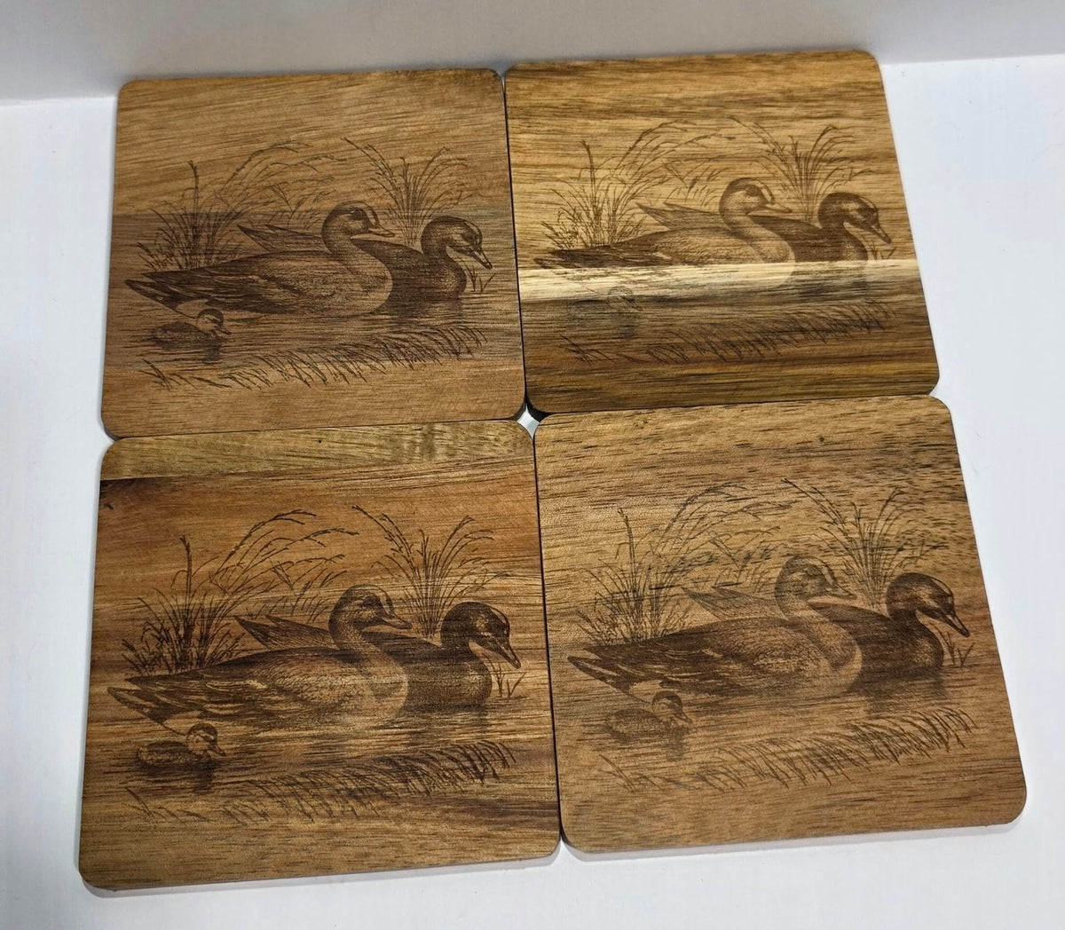 Wooden Coaster Set of 4 – 4x4 Laser Engraved Farmhouse Coasters – Duck, Rooster &amp; Mushroom Designs – Rustic Wood Drink Coasters