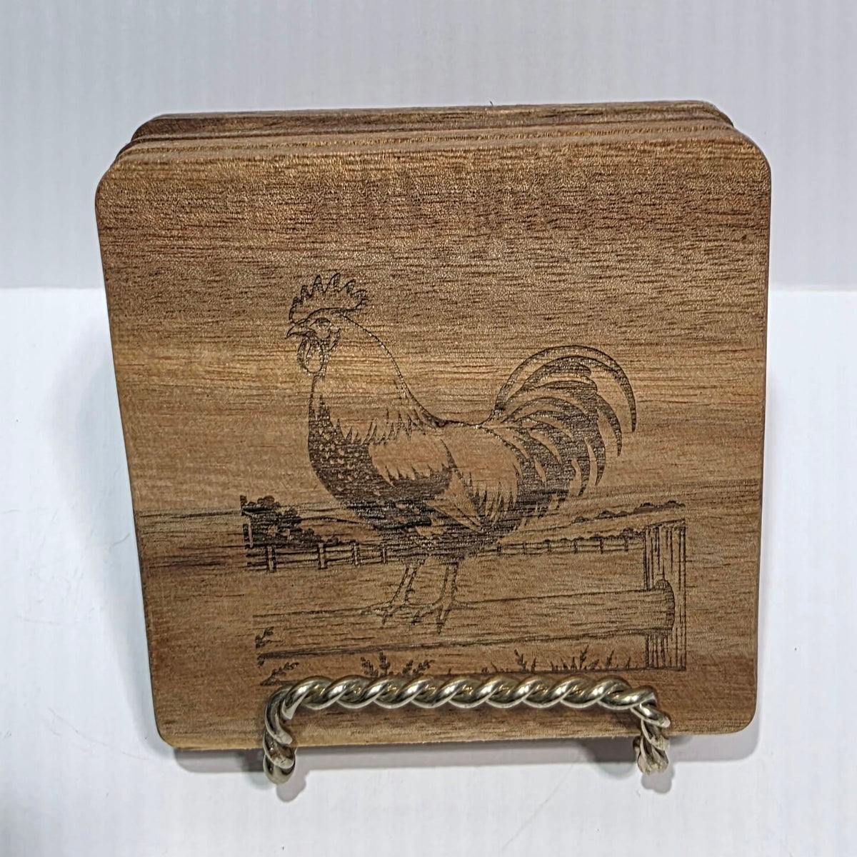 Wooden Coaster Set of 4 – 4x4 Laser Engraved Farmhouse Coasters – Duck, Rooster &amp; Mushroom Designs – Rustic Wood Drink Coasters