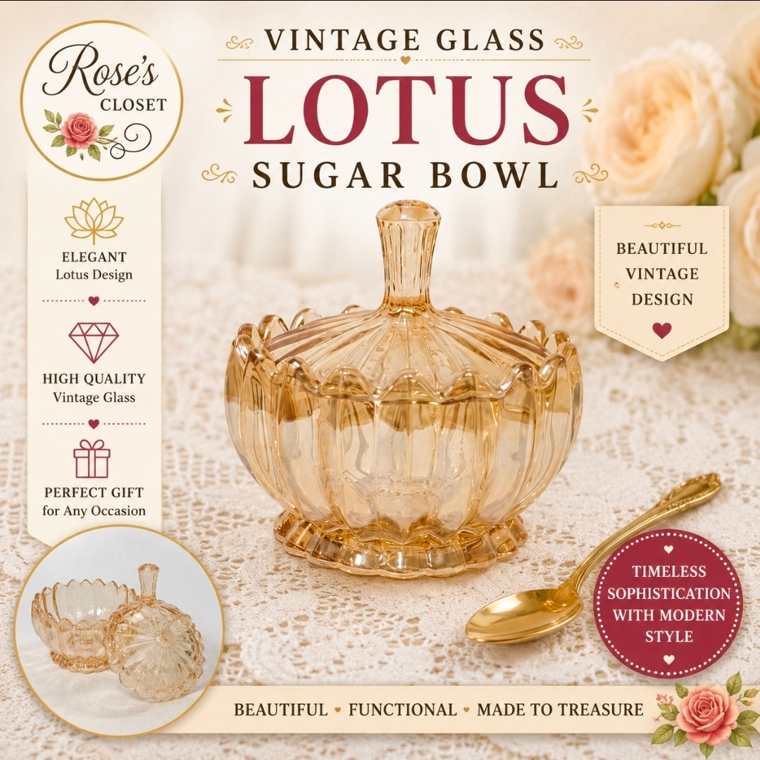 Lotus Glass Sugar Bowl with Lid | Amber Glass Covered Candy Dish | Elegant Table Decor