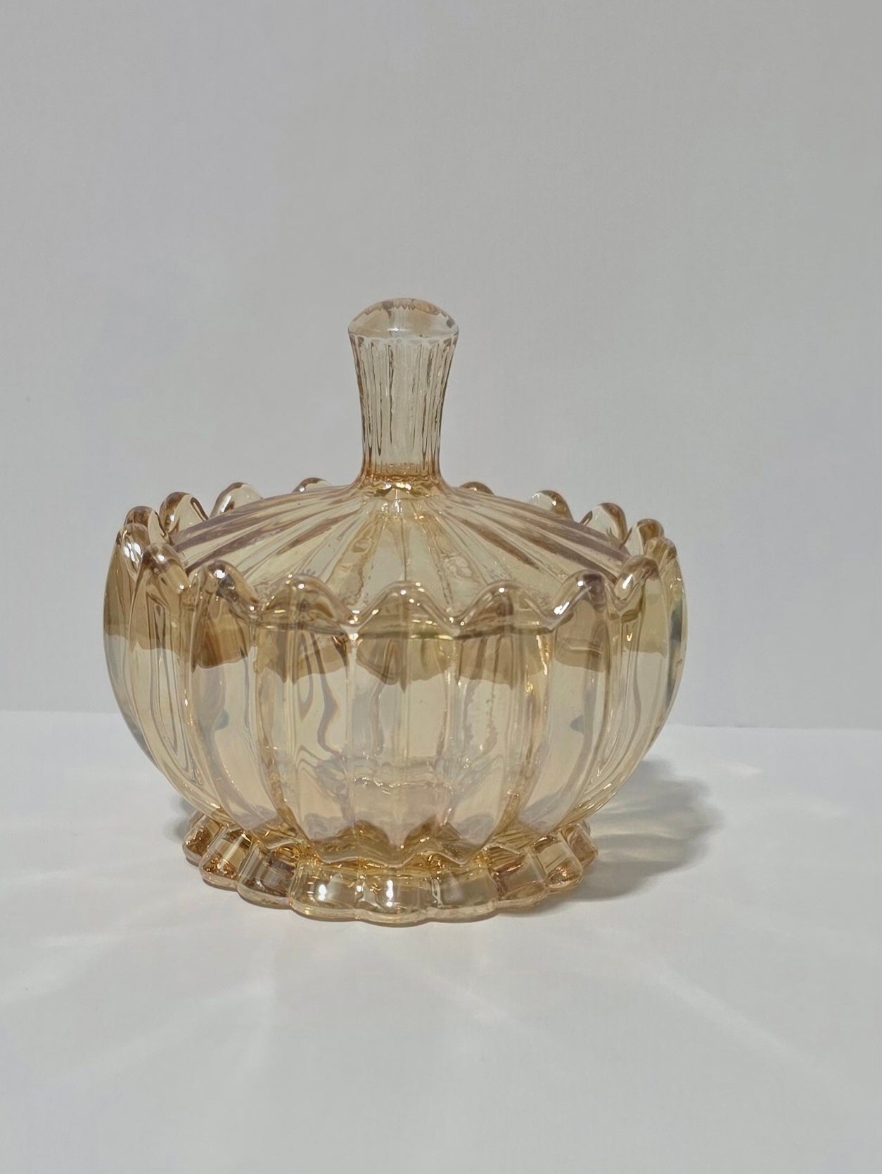 Lotus Glass Sugar Bowl with Lid | Amber Glass Covered Candy Dish | Elegant Table Decor